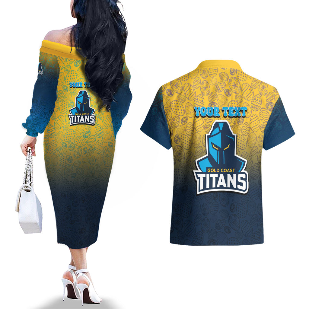 Personalized Gold Coast Titans Couples Matching Off The Shoulder Long Sleeve Dress and Hawaiian Shirt Easter Mascot - Colorful Eggs Cartoon Style