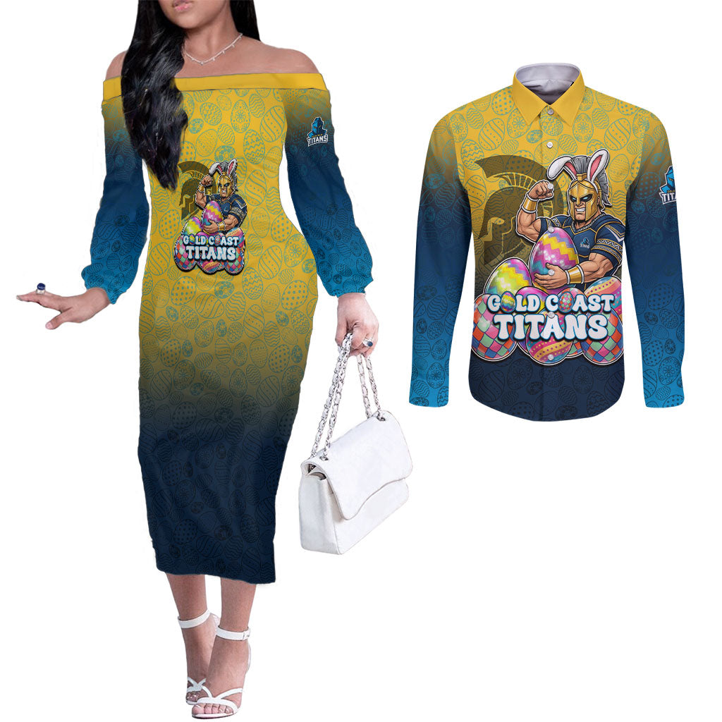 Personalized Gold Coast Titans Couples Matching Off The Shoulder Long Sleeve Dress and Long Sleeve Button Shirt Easter Mascot - Colorful Eggs Cartoon Style