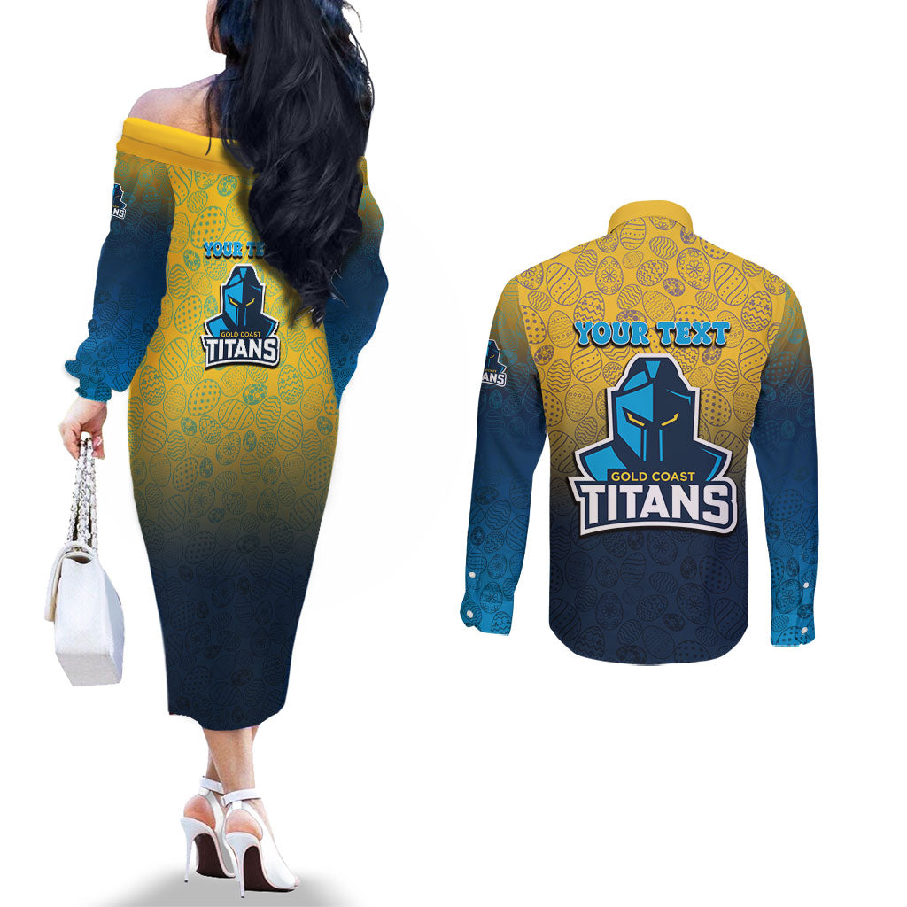 Personalized Gold Coast Titans Couples Matching Off The Shoulder Long Sleeve Dress and Long Sleeve Button Shirt Easter Mascot - Colorful Eggs Cartoon Style