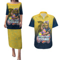 Personalized Gold Coast Titans Couples Matching Puletasi and Hawaiian Shirt Easter Mascot - Colorful Eggs Cartoon Style