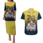 Personalized Gold Coast Titans Couples Matching Puletasi and Hawaiian Shirt Easter Mascot - Colorful Eggs Cartoon Style