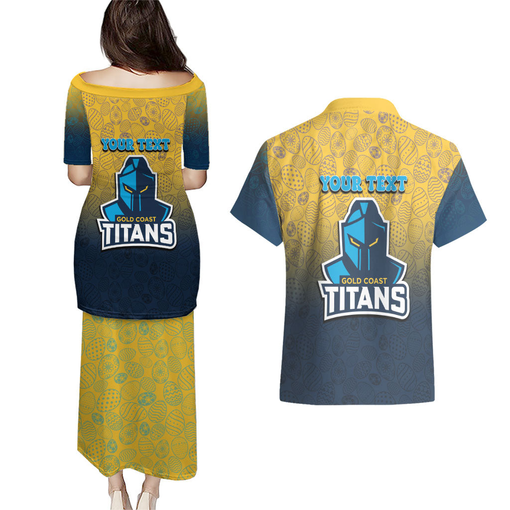 Personalized Gold Coast Titans Couples Matching Puletasi and Hawaiian Shirt Easter Mascot - Colorful Eggs Cartoon Style