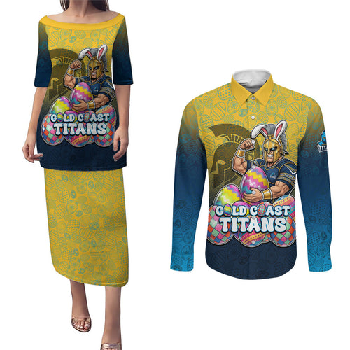 Personalized Gold Coast Titans Couples Matching Puletasi and Long Sleeve Button Shirt Easter Mascot - Colorful Eggs Cartoon Style