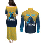 Personalized Gold Coast Titans Couples Matching Puletasi and Long Sleeve Button Shirt Easter Mascot - Colorful Eggs Cartoon Style