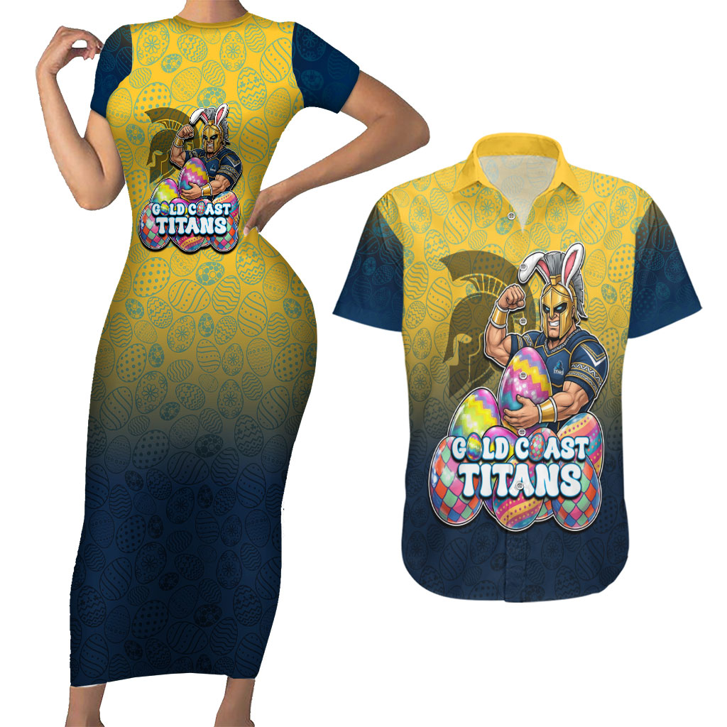 Personalized Gold Coast Titans Couples Matching Short Sleeve Bodycon Dress and Hawaiian Shirt Easter Mascot - Colorful Eggs Cartoon Style