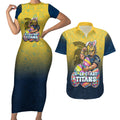 Personalized Gold Coast Titans Couples Matching Short Sleeve Bodycon Dress and Hawaiian Shirt Easter Mascot - Colorful Eggs Cartoon Style