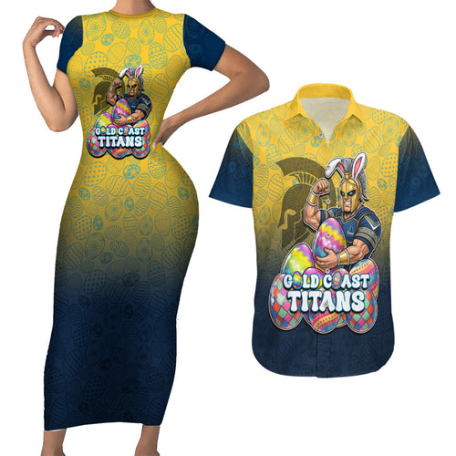 Personalized Gold Coast Titans Couples Matching Short Sleeve Bodycon Dress and Hawaiian Shirt Easter Mascot - Colorful Eggs Cartoon Style