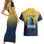 Personalized Gold Coast Titans Couples Matching Short Sleeve Bodycon Dress and Hawaiian Shirt Easter Mascot - Colorful Eggs Cartoon Style