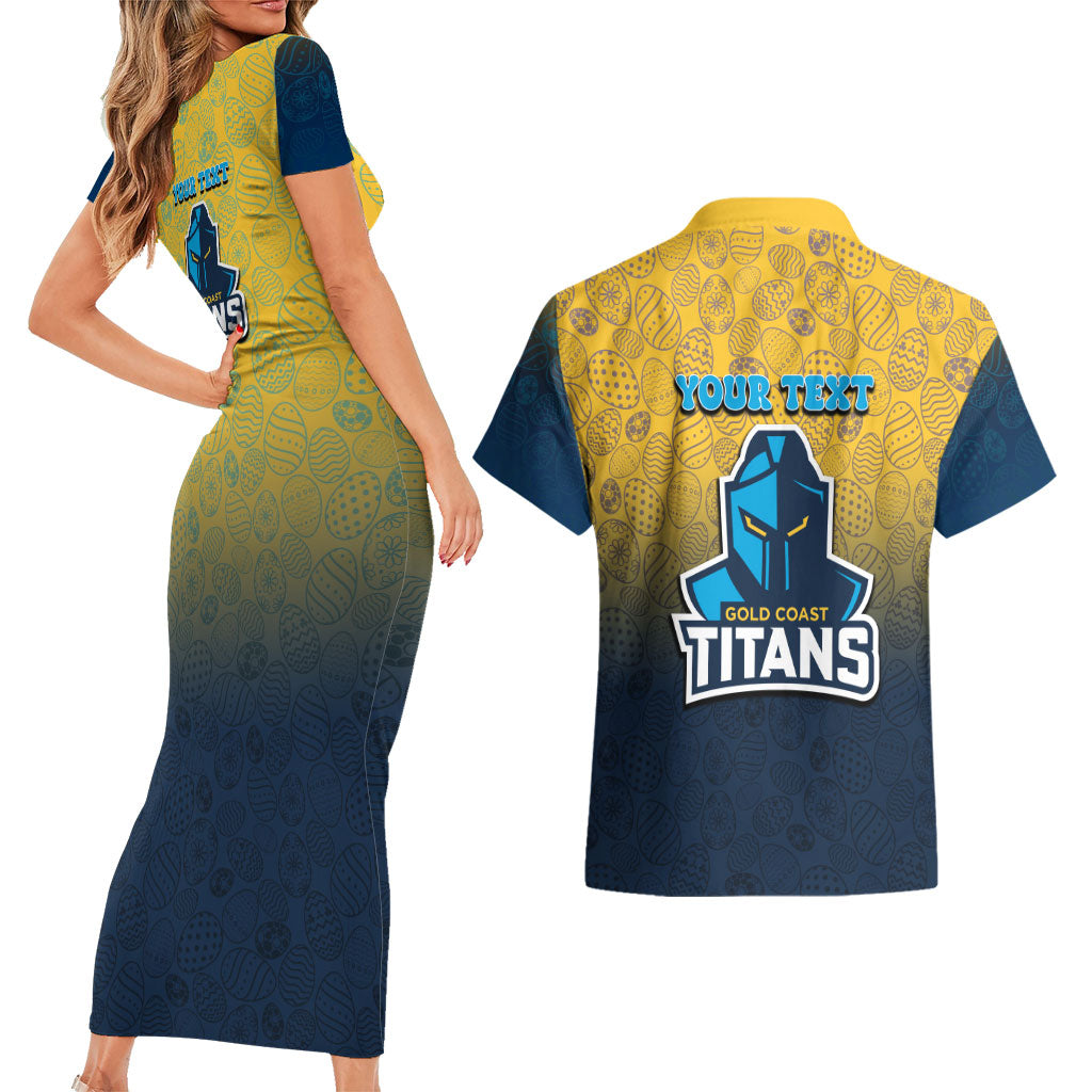 Personalized Gold Coast Titans Couples Matching Short Sleeve Bodycon Dress and Hawaiian Shirt Easter Mascot - Colorful Eggs Cartoon Style