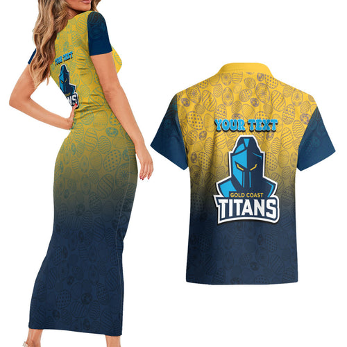 Personalized Gold Coast Titans Couples Matching Short Sleeve Bodycon Dress and Hawaiian Shirt Easter Mascot - Colorful Eggs Cartoon Style