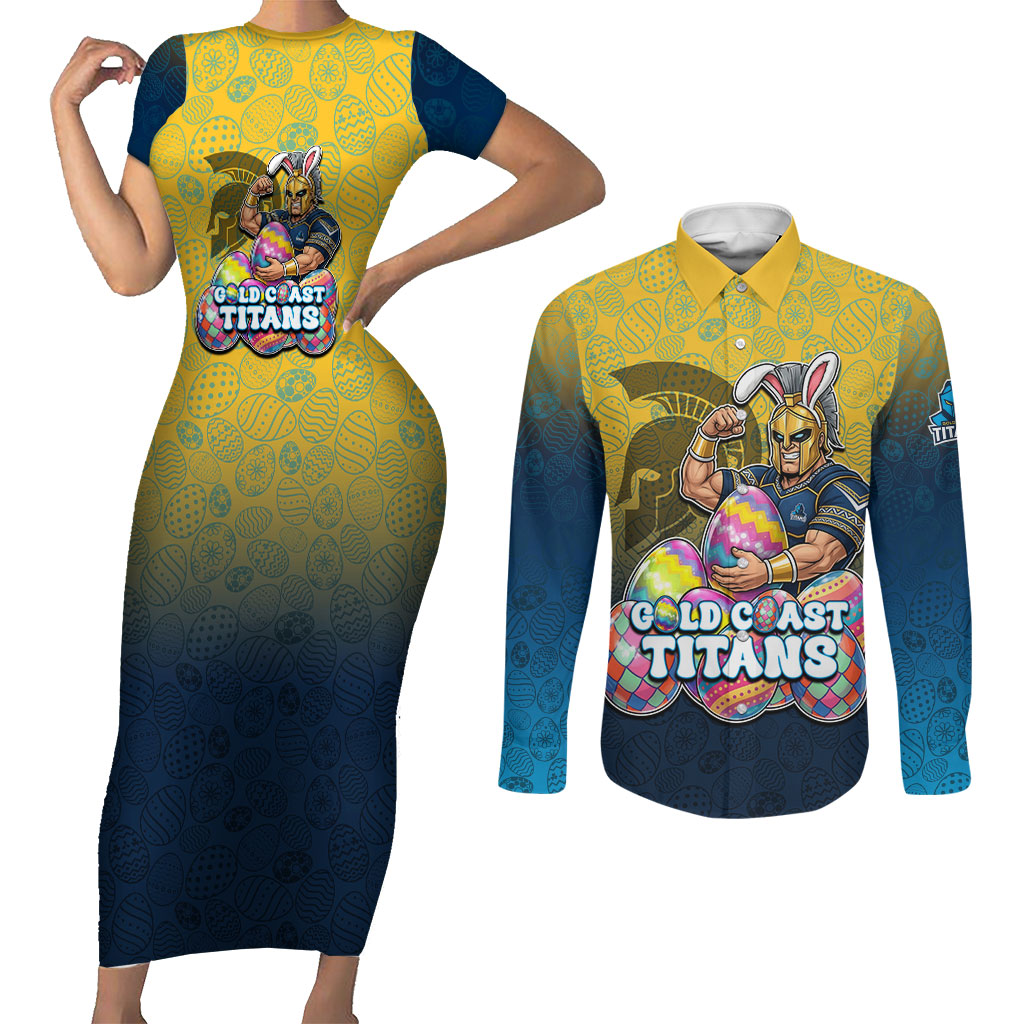 Personalized Gold Coast Titans Couples Matching Short Sleeve Bodycon Dress and Long Sleeve Button Shirt Easter Mascot - Colorful Eggs Cartoon Style