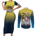 Personalized Gold Coast Titans Couples Matching Short Sleeve Bodycon Dress and Long Sleeve Button Shirt Easter Mascot - Colorful Eggs Cartoon Style