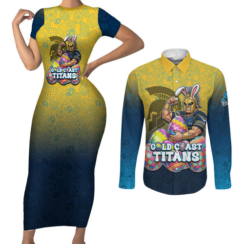 Personalized Gold Coast Titans Couples Matching Short Sleeve Bodycon Dress and Long Sleeve Button Shirt Easter Mascot - Colorful Eggs Cartoon Style