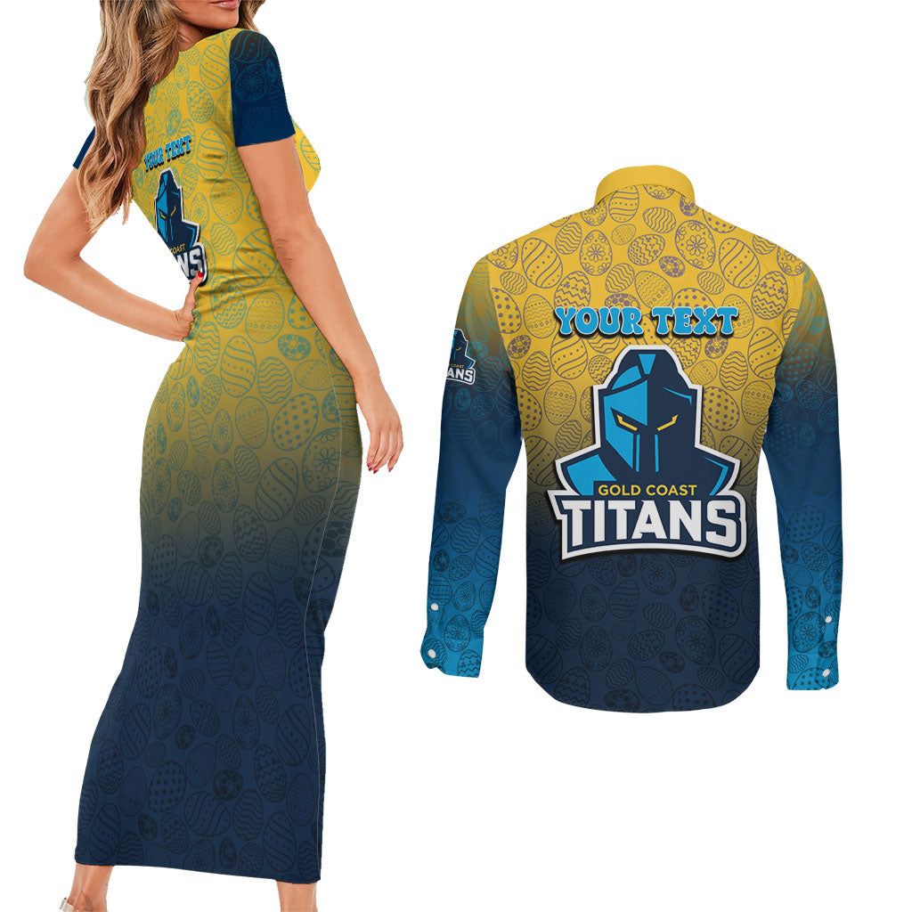 Personalized Gold Coast Titans Couples Matching Short Sleeve Bodycon Dress and Long Sleeve Button Shirt Easter Mascot - Colorful Eggs Cartoon Style