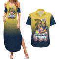 Personalized Gold Coast Titans Couples Matching Summer Maxi Dress and Hawaiian Shirt Easter Mascot - Colorful Eggs Cartoon Style