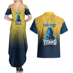 Personalized Gold Coast Titans Couples Matching Summer Maxi Dress and Hawaiian Shirt Easter Mascot - Colorful Eggs Cartoon Style