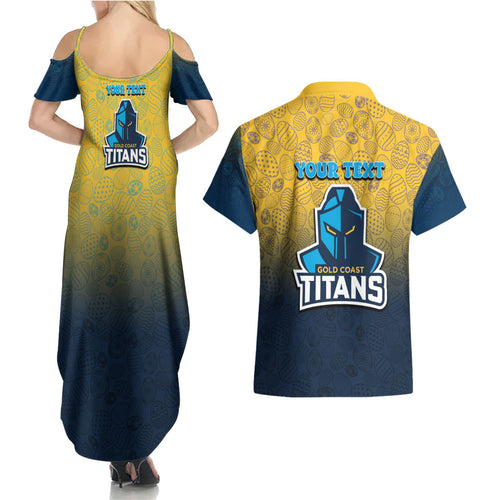 Personalized Gold Coast Titans Couples Matching Summer Maxi Dress and Hawaiian Shirt Easter Mascot - Colorful Eggs Cartoon Style