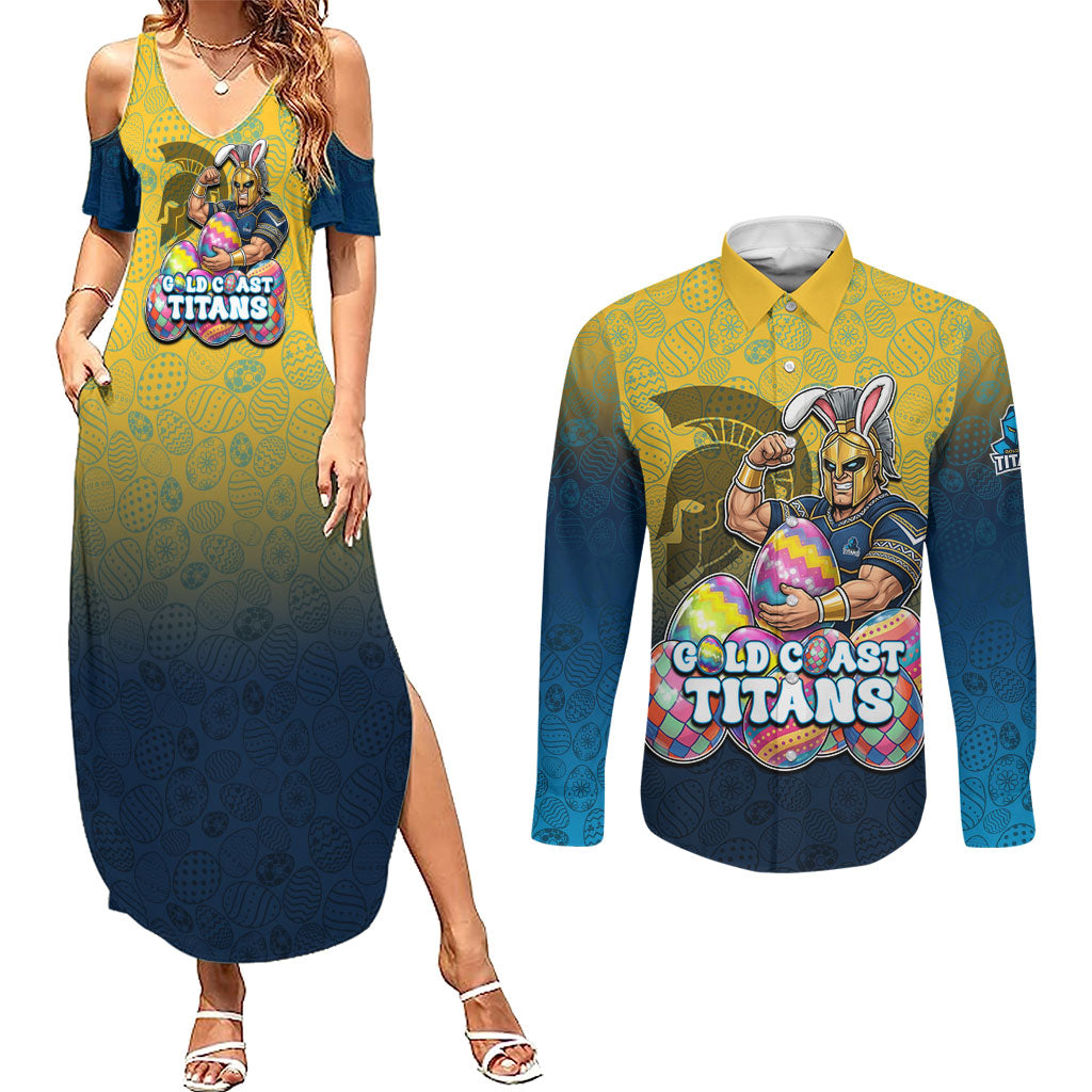 Personalized Gold Coast Titans Couples Matching Summer Maxi Dress and Long Sleeve Button Shirt Easter Mascot - Colorful Eggs Cartoon Style