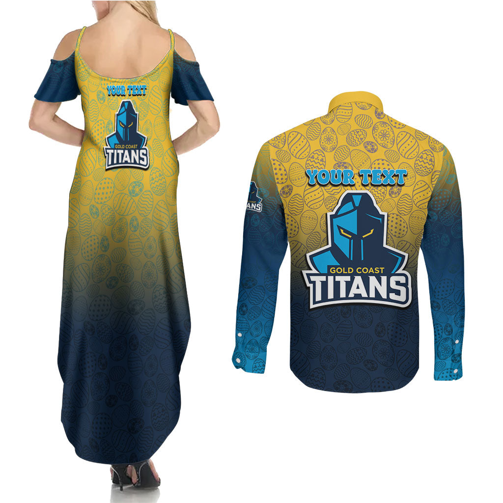Personalized Gold Coast Titans Couples Matching Summer Maxi Dress and Long Sleeve Button Shirt Easter Mascot - Colorful Eggs Cartoon Style