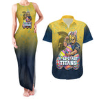 Personalized Gold Coast Titans Couples Matching Tank Maxi Dress and Hawaiian Shirt Easter Mascot - Colorful Eggs Cartoon Style