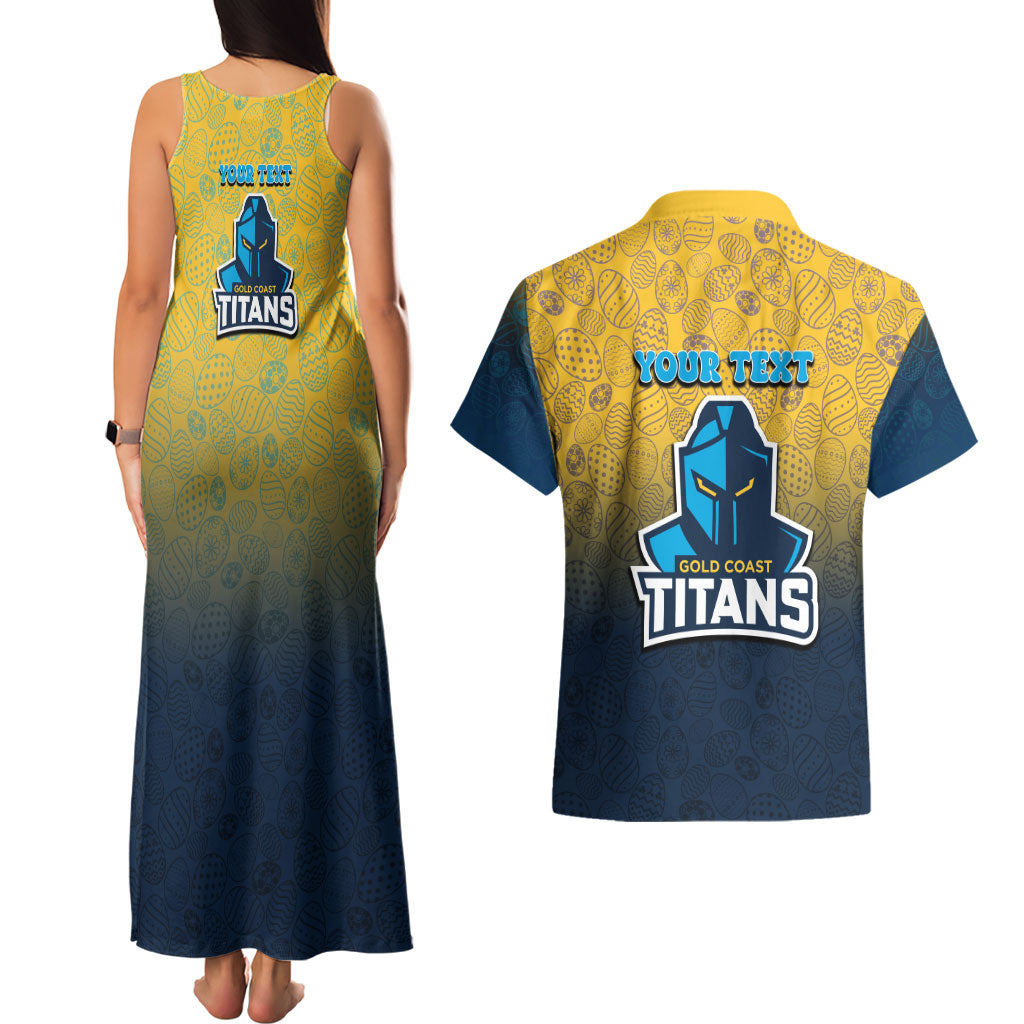 Personalized Gold Coast Titans Couples Matching Tank Maxi Dress and Hawaiian Shirt Easter Mascot - Colorful Eggs Cartoon Style
