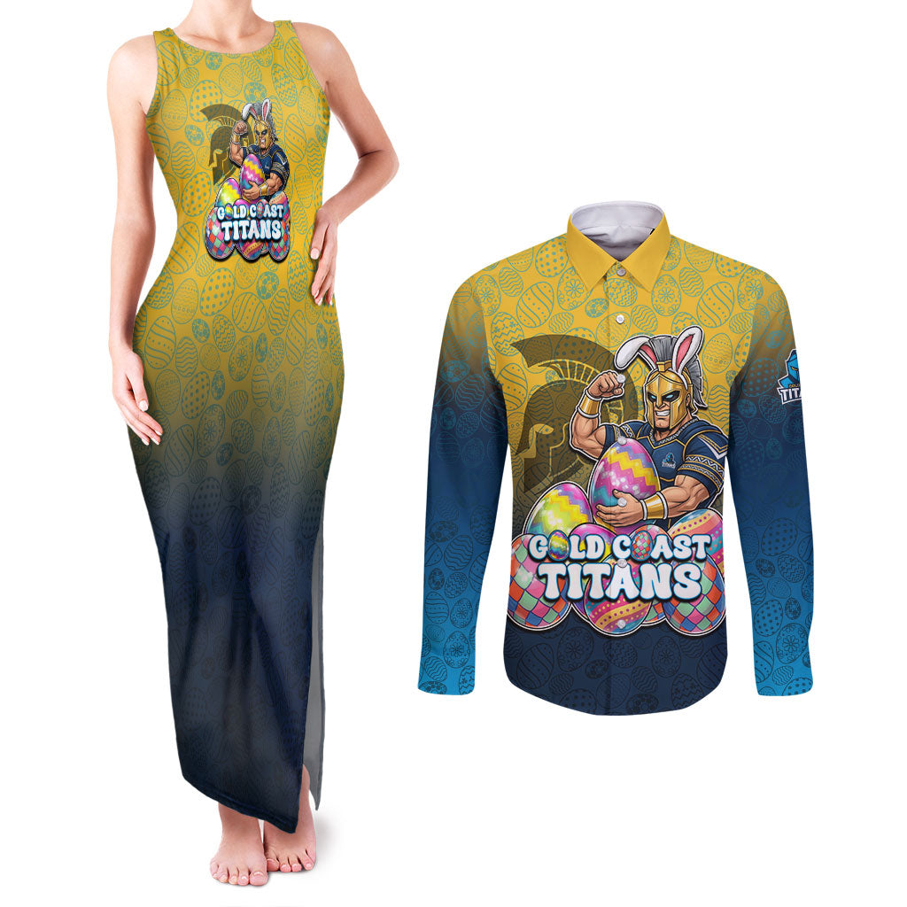 Personalized Gold Coast Titans Couples Matching Tank Maxi Dress and Long Sleeve Button Shirt Easter Mascot - Colorful Eggs Cartoon Style
