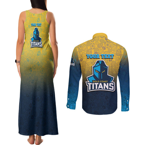 Personalized Gold Coast Titans Couples Matching Tank Maxi Dress and Long Sleeve Button Shirt Easter Mascot - Colorful Eggs Cartoon Style