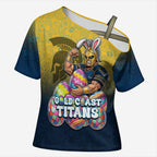 Personalized Gold Coast Titans Cross Shoulder Shirt Easter Mascot - Colorful Eggs Cartoon Style