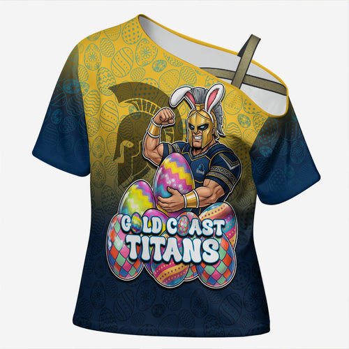 Personalized Gold Coast Titans Cross Shoulder Shirt Easter Mascot - Colorful Eggs Cartoon Style
