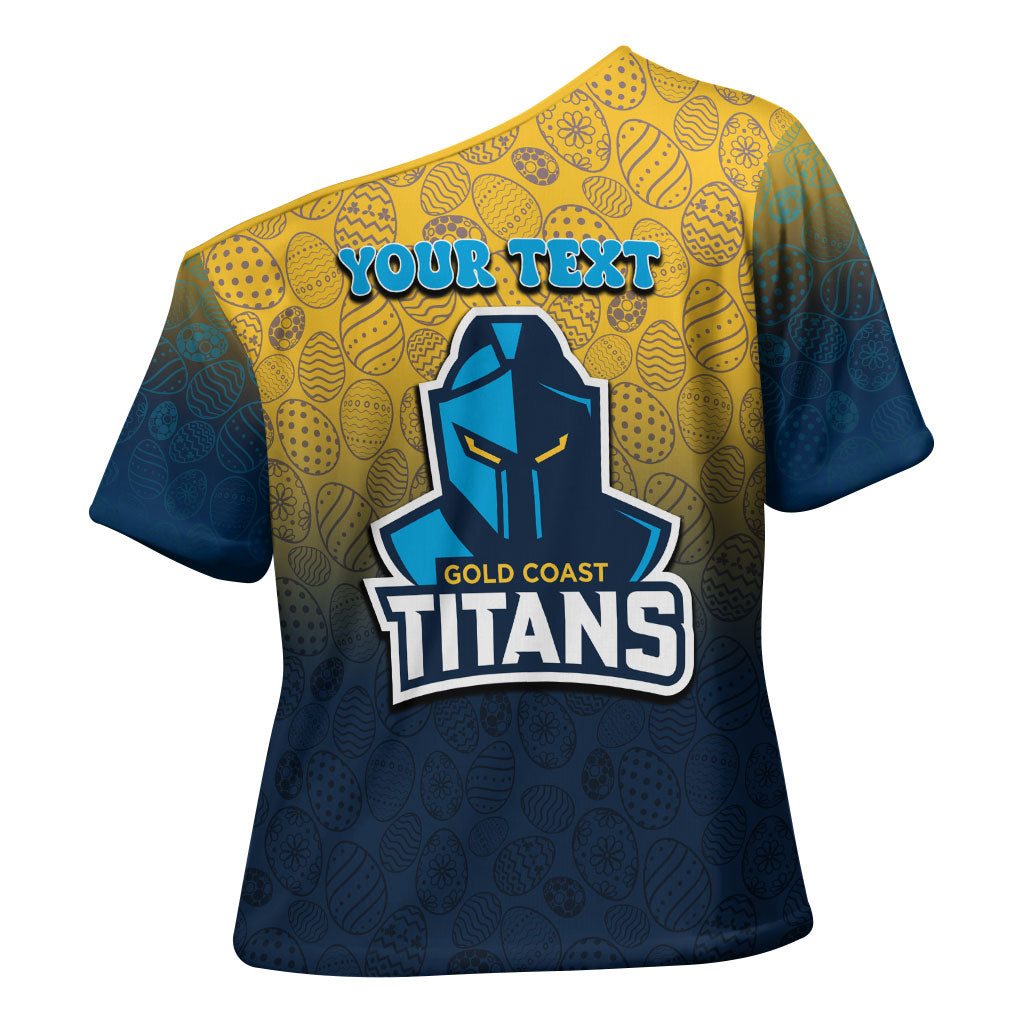 Personalized Gold Coast Titans Cross Shoulder Shirt Easter Mascot - Colorful Eggs Cartoon Style