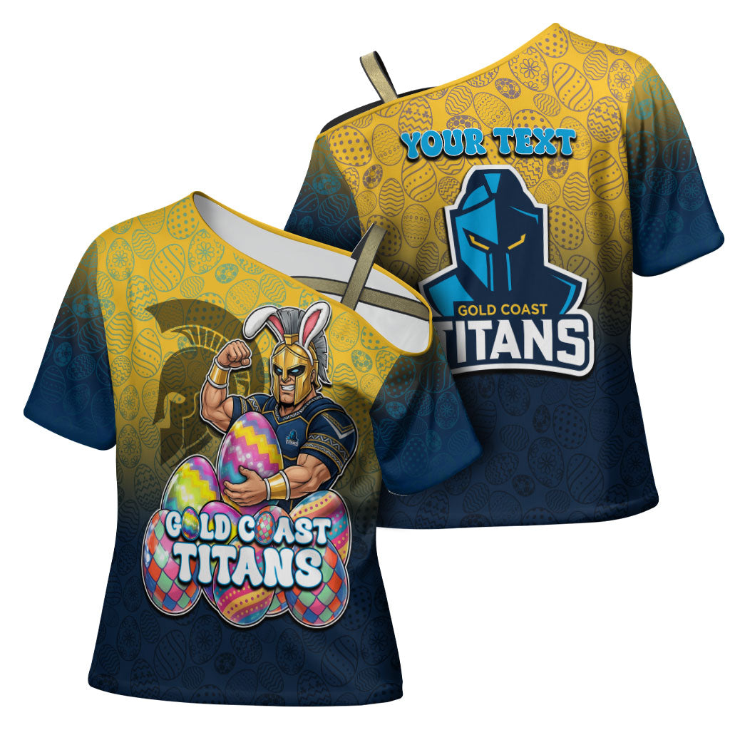 Personalized Gold Coast Titans Cross Shoulder Shirt Easter Mascot - Colorful Eggs Cartoon Style