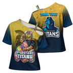 Personalized Gold Coast Titans Cross Shoulder Shirt Easter Mascot - Colorful Eggs Cartoon Style