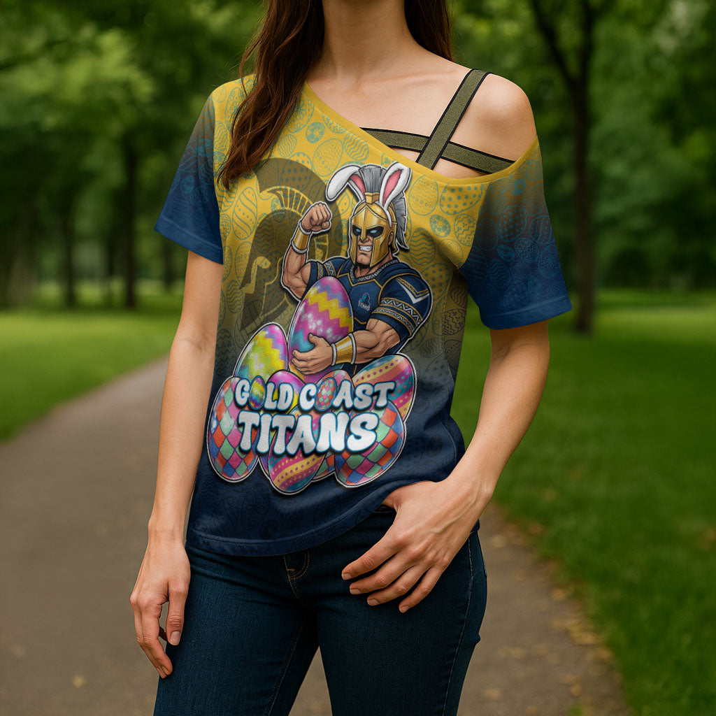 Personalized Gold Coast Titans Cross Shoulder Shirt Easter Mascot - Colorful Eggs Cartoon Style