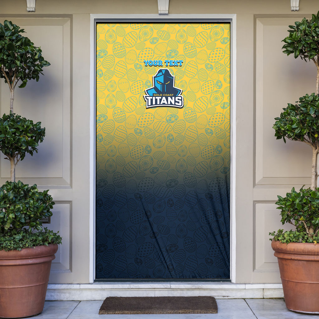 Personalized Gold Coast Titans Door Cover Easter Mascot - Colorful Eggs Cartoon Style