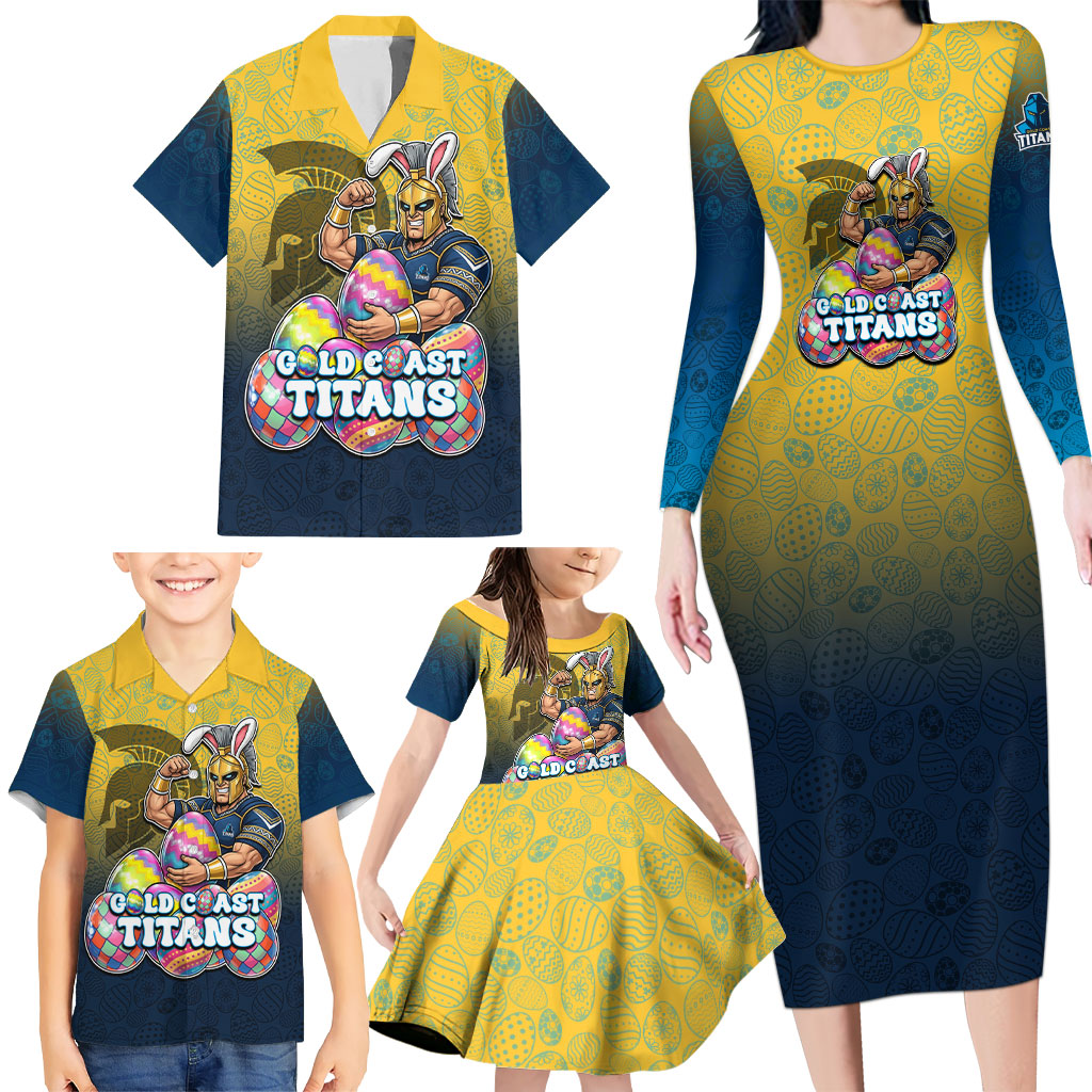 Personalized Gold Coast Titans Family Matching Long Sleeve Bodycon Dress and Hawaiian Shirt Easter Mascot - Colorful Eggs Cartoon Style