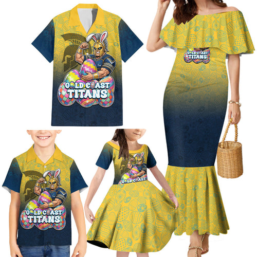Personalized Gold Coast Titans Family Matching Mermaid Dress and Hawaiian Shirt Easter Mascot - Colorful Eggs Cartoon Style