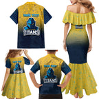 Personalized Gold Coast Titans Family Matching Mermaid Dress and Hawaiian Shirt Easter Mascot - Colorful Eggs Cartoon Style