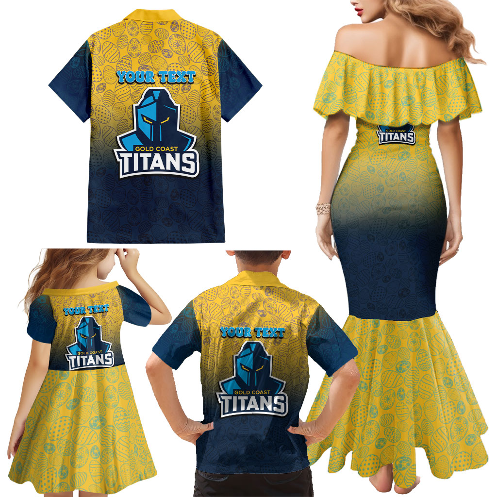 Personalized Gold Coast Titans Family Matching Mermaid Dress and Hawaiian Shirt Easter Mascot - Colorful Eggs Cartoon Style