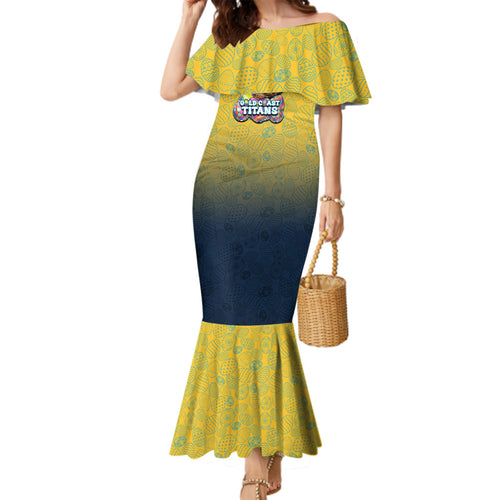 Personalized Gold Coast Titans Family Matching Mermaid Dress and Hawaiian Shirt Easter Mascot - Colorful Eggs Cartoon Style