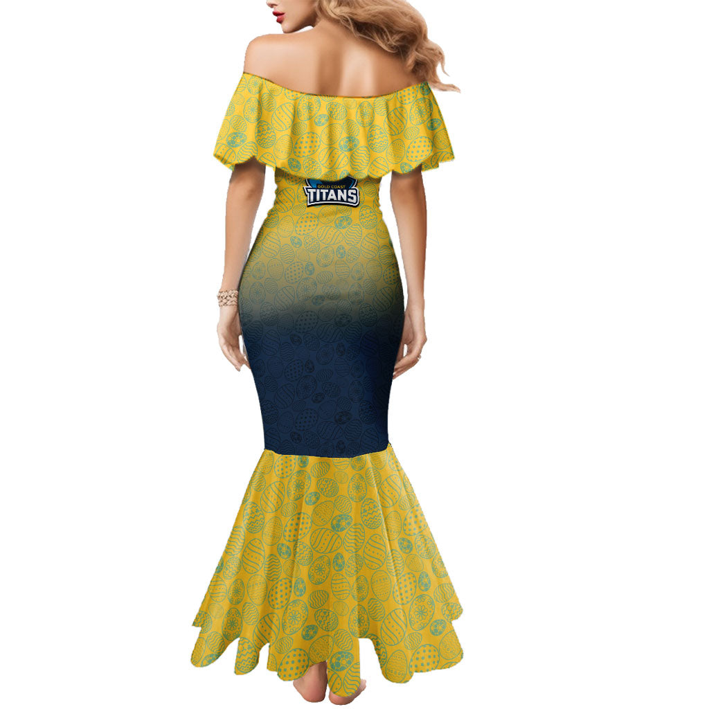 Personalized Gold Coast Titans Family Matching Mermaid Dress and Hawaiian Shirt Easter Mascot - Colorful Eggs Cartoon Style