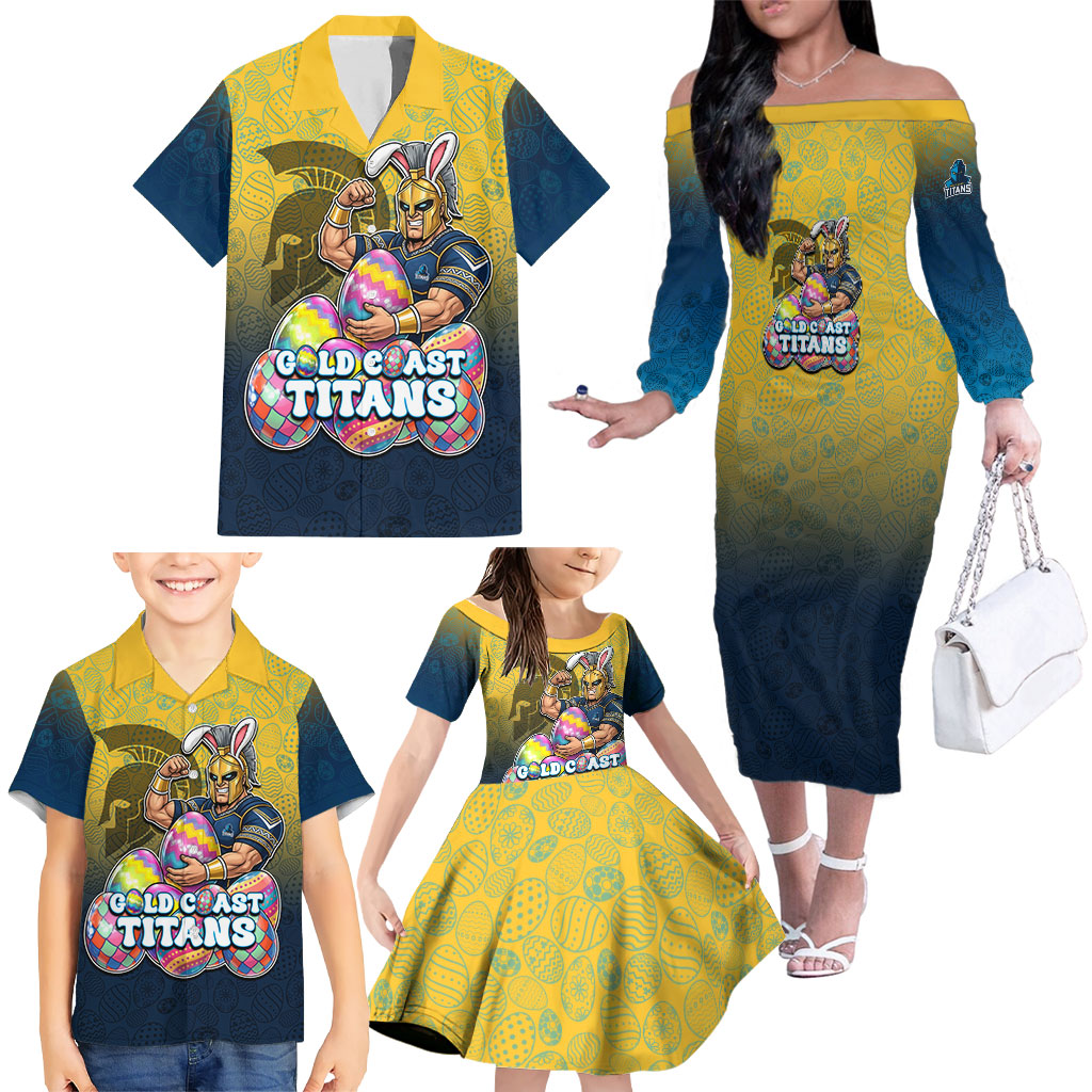 Personalized Gold Coast Titans Family Matching Off The Shoulder Long Sleeve Dress and Hawaiian Shirt Easter Mascot - Colorful Eggs Cartoon Style