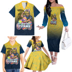 Personalized Gold Coast Titans Family Matching Off The Shoulder Long Sleeve Dress and Hawaiian Shirt Easter Mascot - Colorful Eggs Cartoon Style
