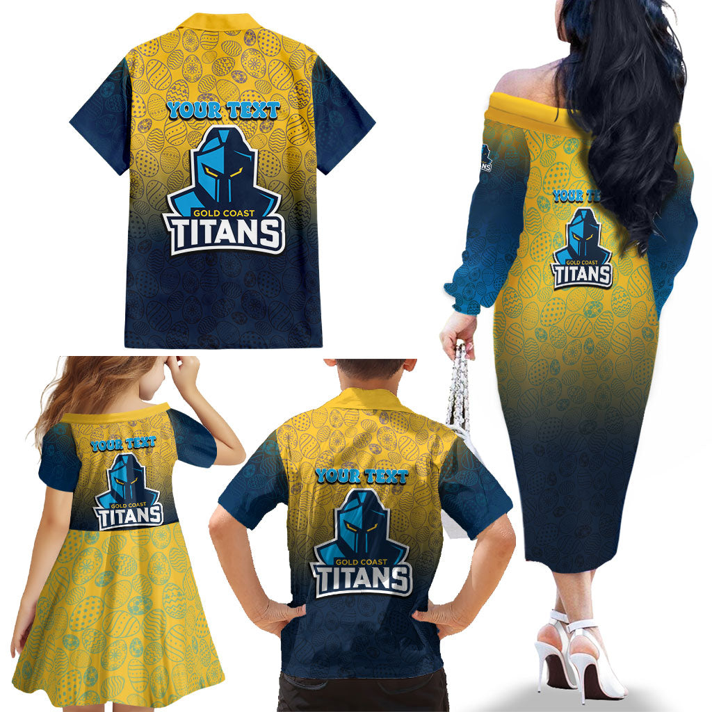 Personalized Gold Coast Titans Family Matching Off The Shoulder Long Sleeve Dress and Hawaiian Shirt Easter Mascot - Colorful Eggs Cartoon Style