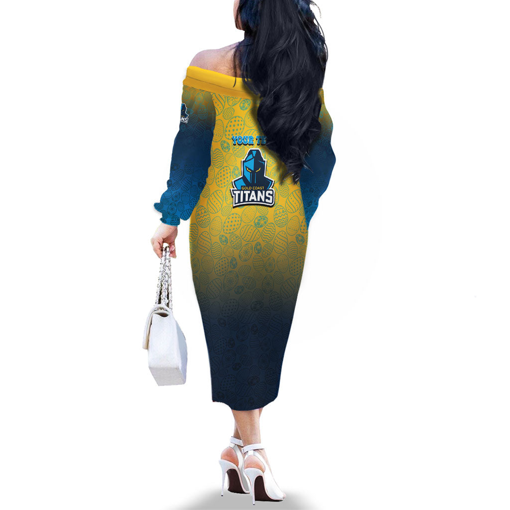 Personalized Gold Coast Titans Family Matching Off The Shoulder Long Sleeve Dress and Hawaiian Shirt Easter Mascot - Colorful Eggs Cartoon Style