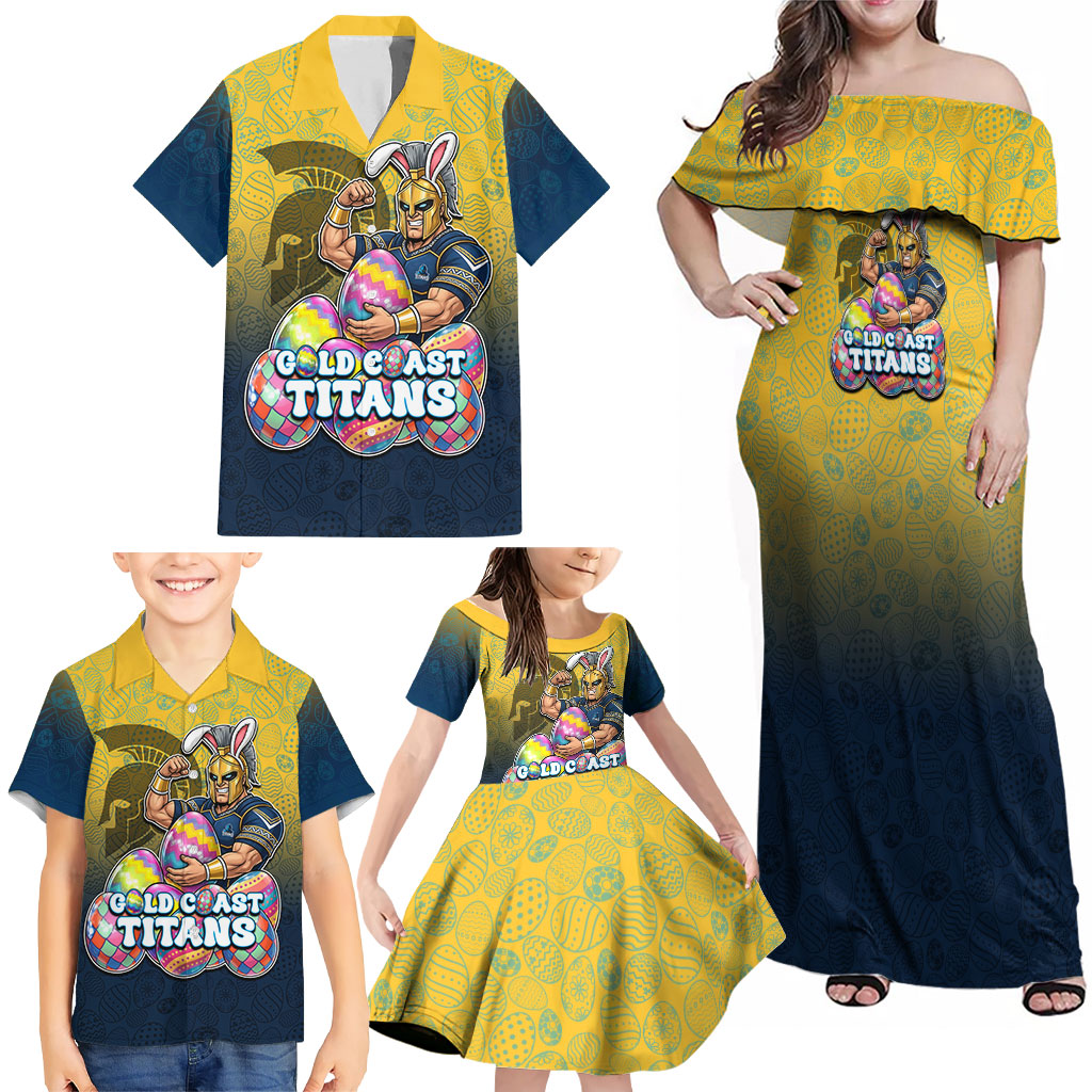 Personalized Gold Coast Titans Family Matching Off Shoulder Maxi Dress and Hawaiian Shirt Easter Mascot - Colorful Eggs Cartoon Style