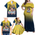 Personalized Gold Coast Titans Family Matching Off Shoulder Maxi Dress and Hawaiian Shirt Easter Mascot - Colorful Eggs Cartoon Style