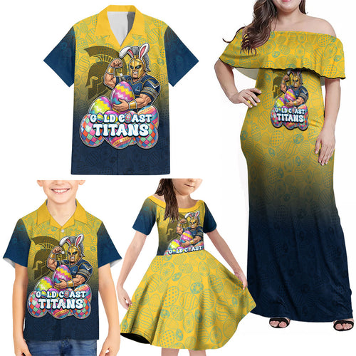 Personalized Gold Coast Titans Family Matching Off Shoulder Maxi Dress and Hawaiian Shirt Easter Mascot - Colorful Eggs Cartoon Style
