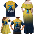 Personalized Gold Coast Titans Family Matching Off Shoulder Maxi Dress and Hawaiian Shirt Easter Mascot - Colorful Eggs Cartoon Style