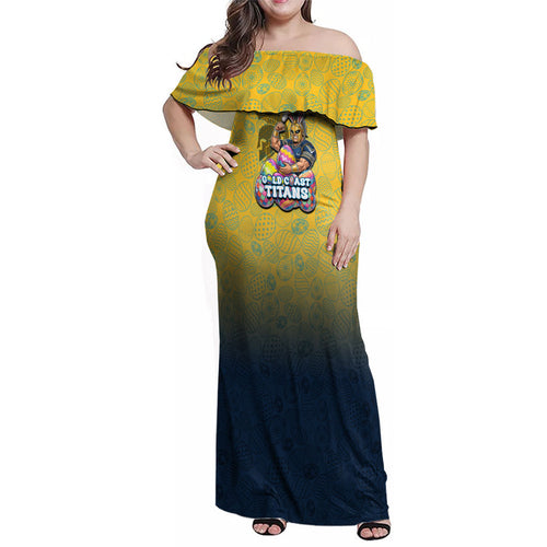 Personalized Gold Coast Titans Family Matching Off Shoulder Maxi Dress and Hawaiian Shirt Easter Mascot - Colorful Eggs Cartoon Style