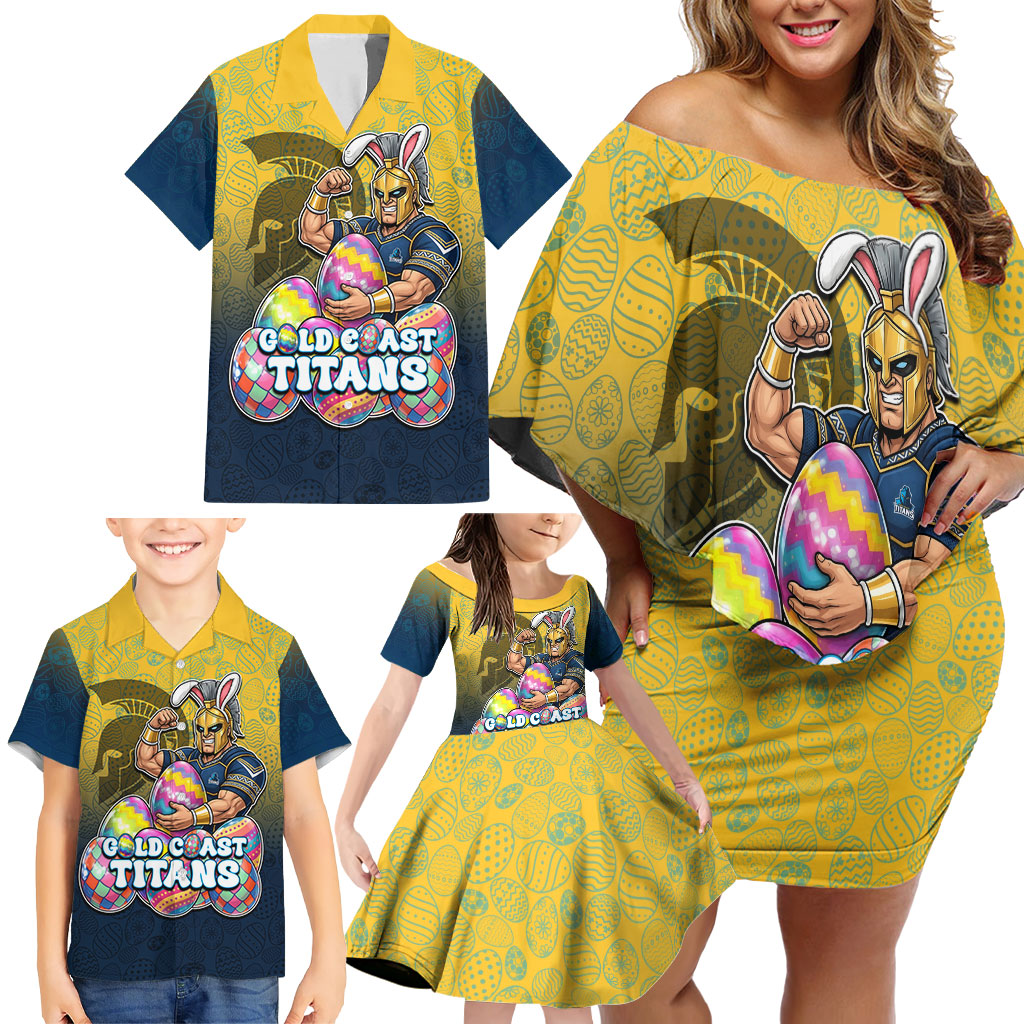 Personalized Gold Coast Titans Family Matching Off Shoulder Short Dress and Hawaiian Shirt Easter Mascot - Colorful Eggs Cartoon Style